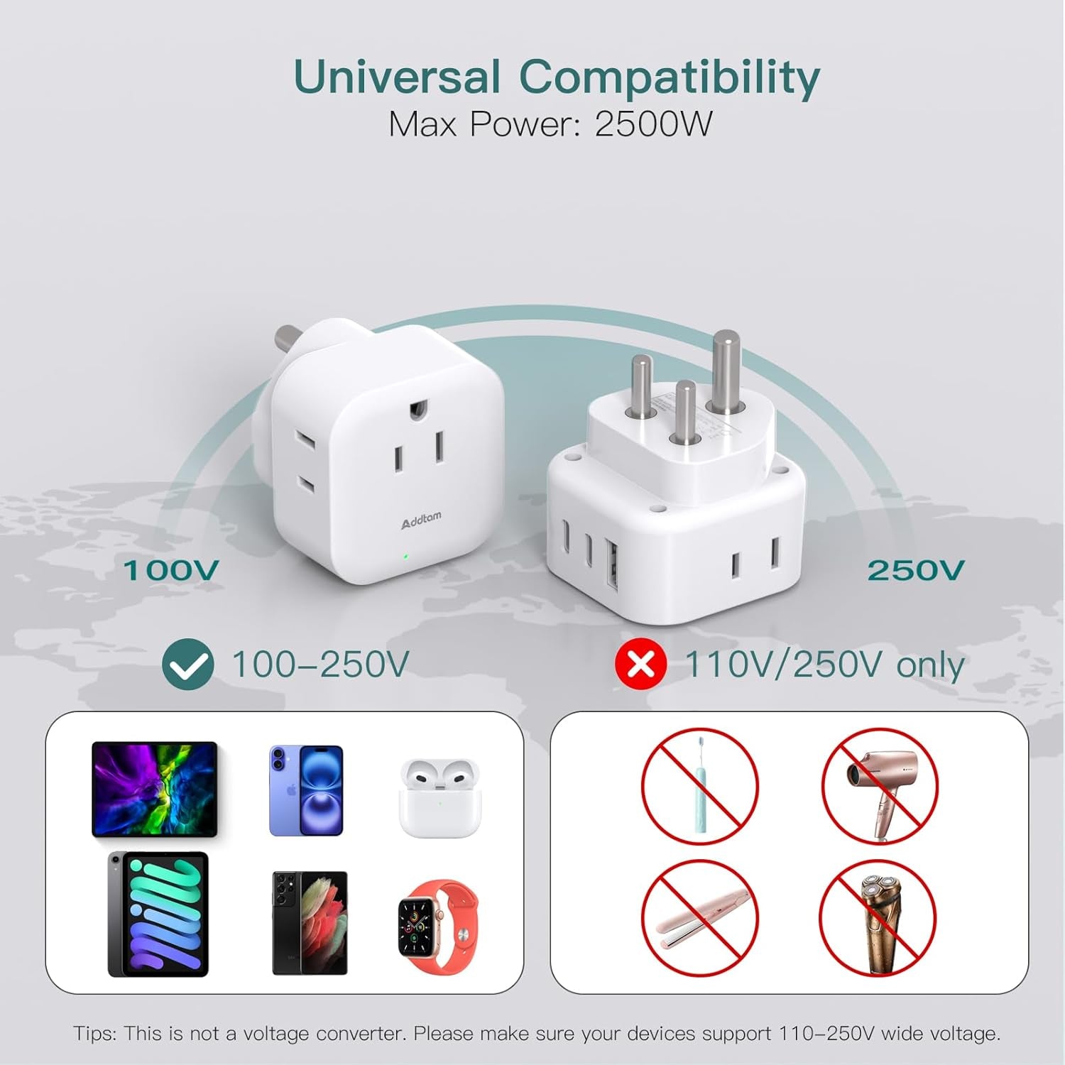 2 Pack US to India Plug Adapter, Type D Travel Adapter with 3 Outlets 3 USB Charger (2 USB C Ports), India Power Adapter Converter for USA to India, Bangladesh, Maldives, Pakistan, Nepal, Sudan