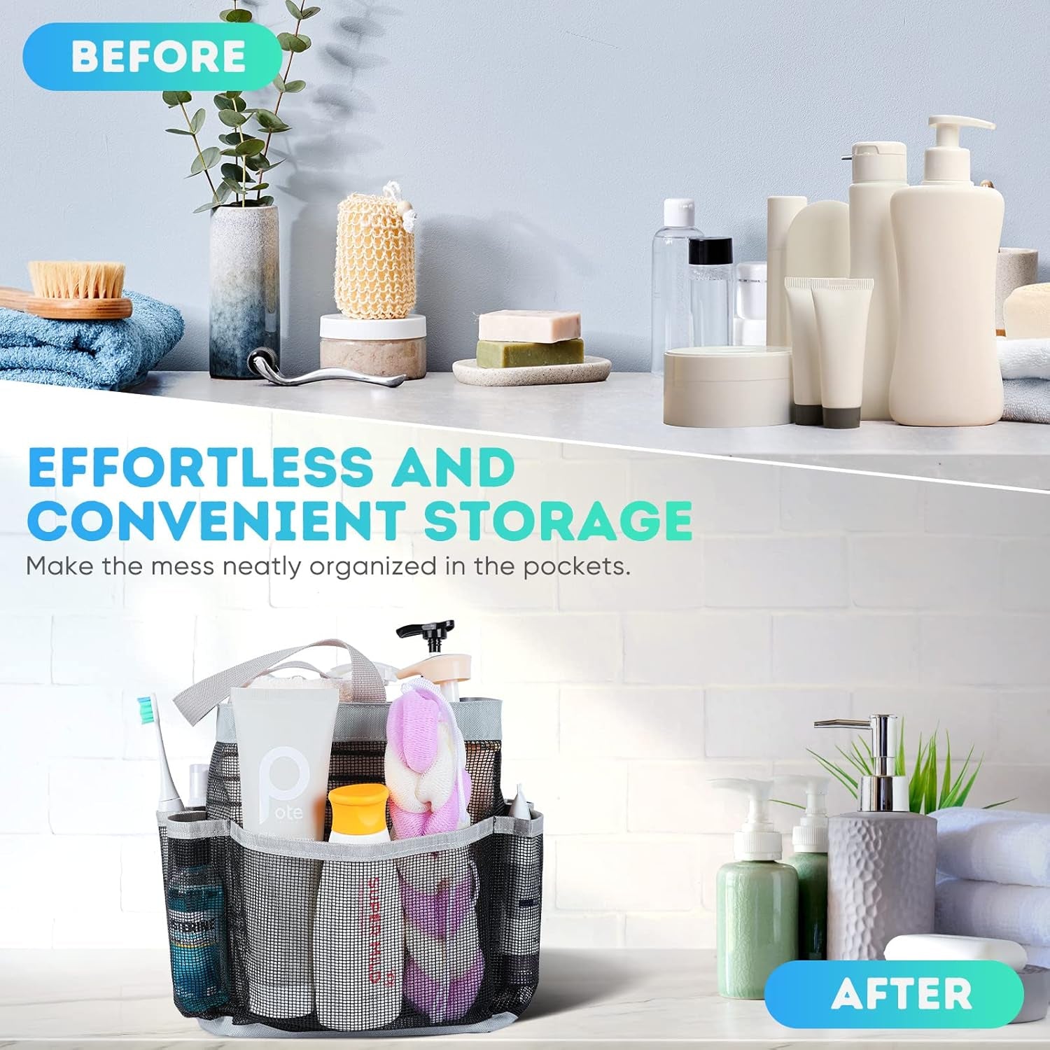 2 Pack Mesh Shower Caddy Portable for College Dorm Room Essentials, Shower Caddy Dorm with 8-Pocket Large Capacity,Shower Bag for Beach,Swimming,Gym