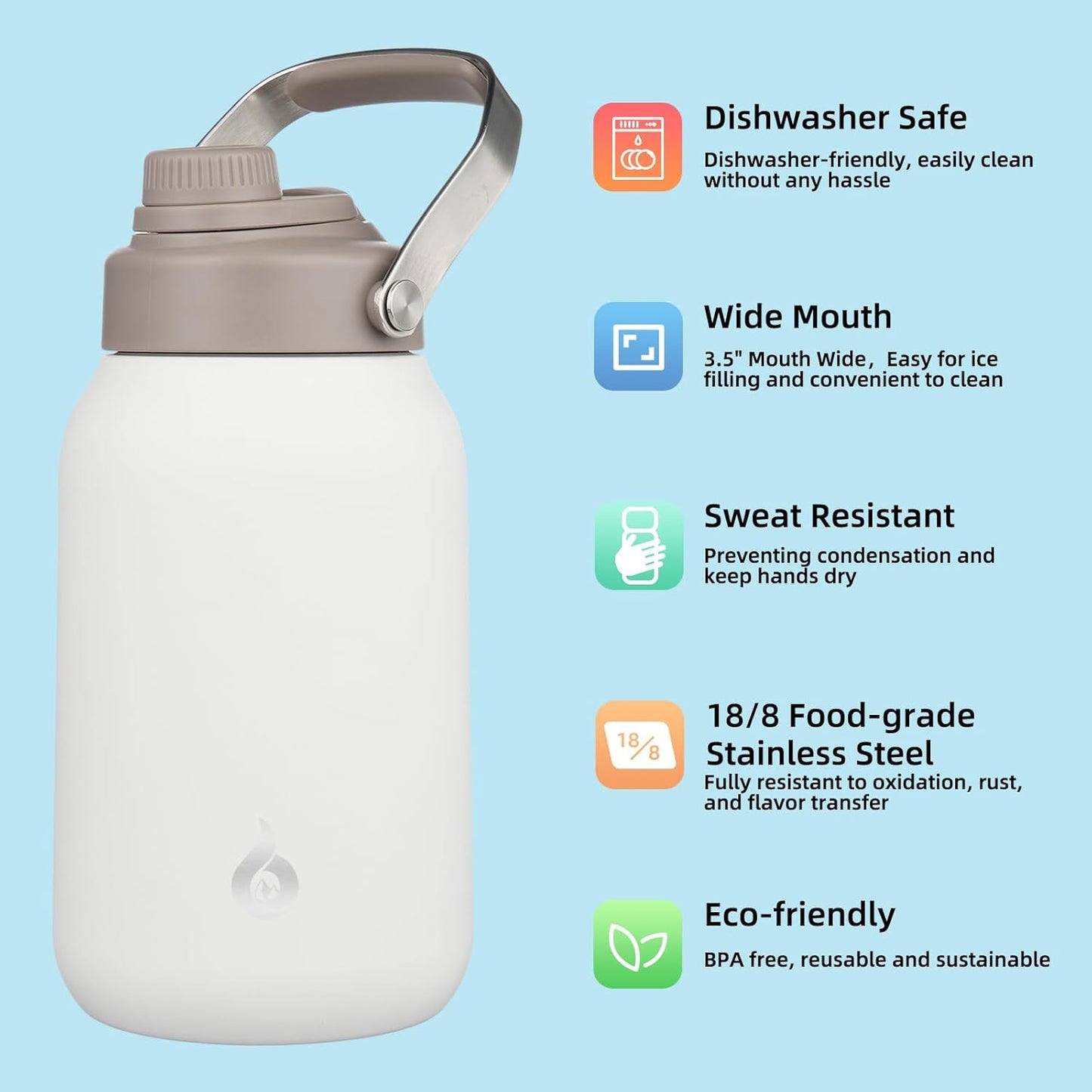 Half Gallon Insulated Water Bottles, 64Oz Water Jug with Metal Handle & BPA Free Spout Lid, Dishwasher Safe Thermos, Large Stainless Steel Gym Sport Jugs, Milky White