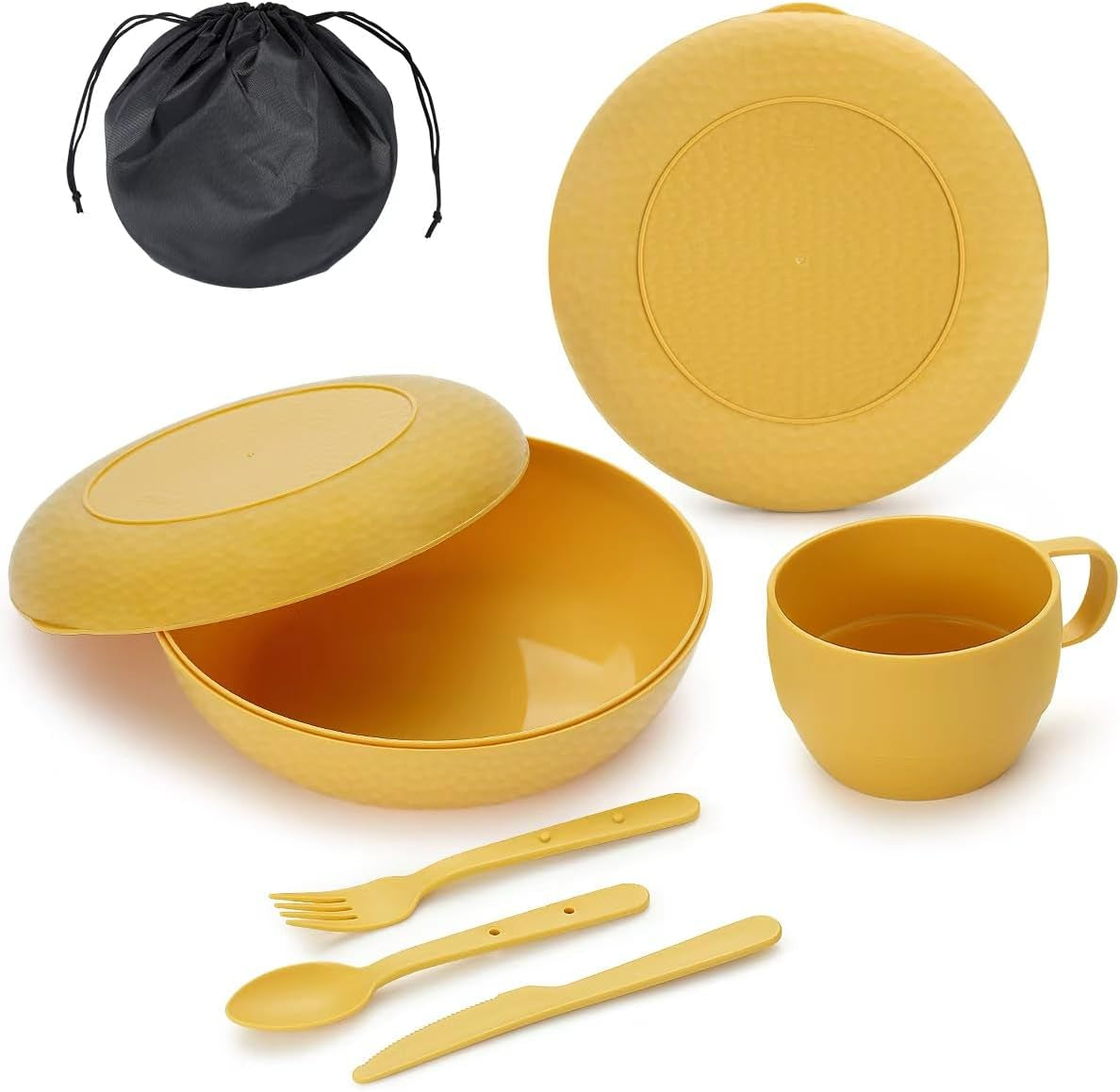Compact Camping Mess Kit with Bowl, Plate, Cup, Spoon, Fork, Knife, and Carry Bag - Space-Saving, Portable Plastic Utensils for Travel, Picnics, and Outdoor Activities (Gold Yellow)