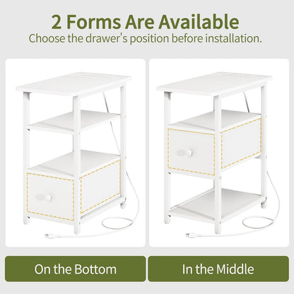 End Table with Charging Station, Narrow Side Table with Adjustable Fabric Drawer, 3-Tier End Tables Living Room, Small Nightstand with Outlets, LED Skinny Night Stand for Bedroom Small Spaces