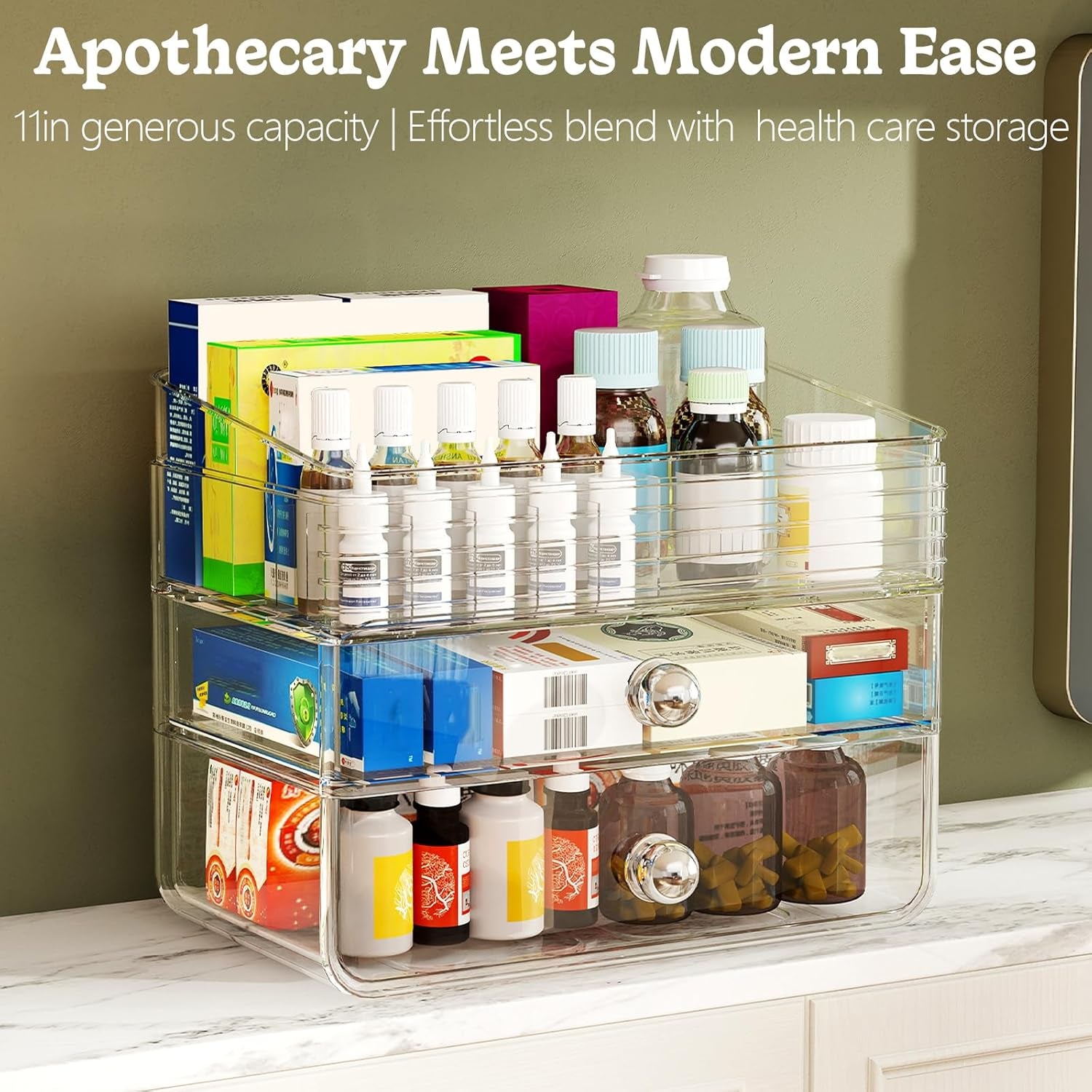 Makeup Organizer with Large Drawers, Bathroom Counter Skincare Organizer for Vanity,Storage Box with Handle, Cosmetic Display Case for Vanity Countertop, Skincare Perfume Storage, Clear