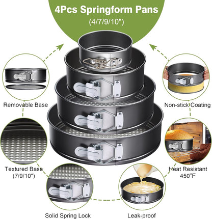 139PCS Springform Cake Pan Set - 4 Non-Stick Cheesecake Pans(4/7/9/10-Inch) + Cake Decorating Supplies: Parchment Paper, Pastry Bags and Tips, Icing Scrapers, Cake Cutting Set & More!