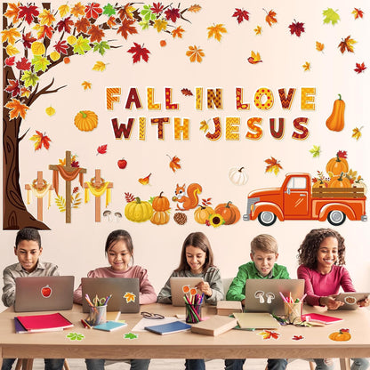 100Pcs Fall in Love with Jesus Bulletin Board Set Fall Christian Decoration Cut-Outs Paper Poster Banner with Fall Tree Leaves Pumpkin Cross Truck Patterned for Religious Church Classroom Decor