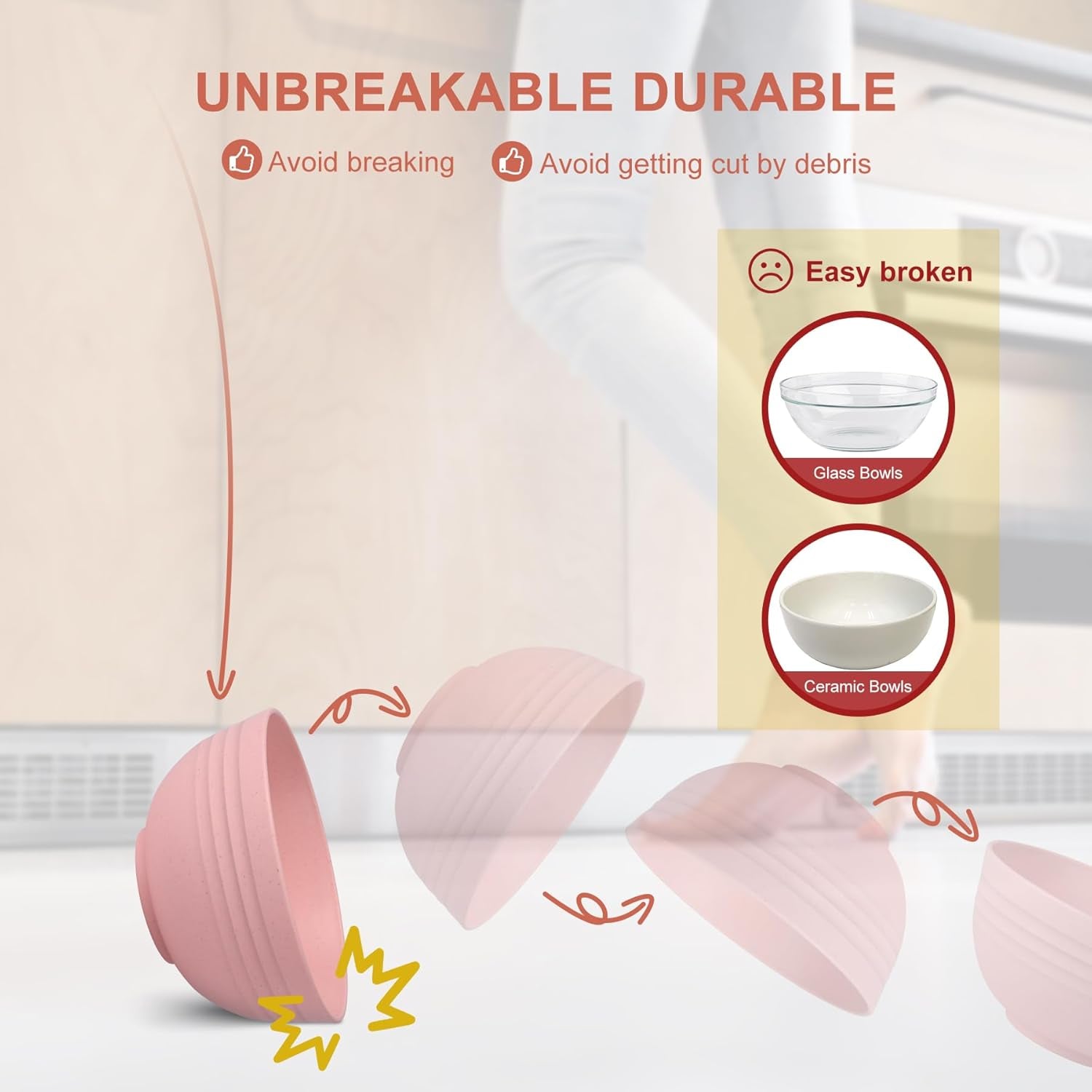 Unbreakable Wheat Straw Cereal Bowls - Microwave & Dishwasher Safe Soup and Salad Bowls, Set of 8, 26Oz, BPA Free,Pink