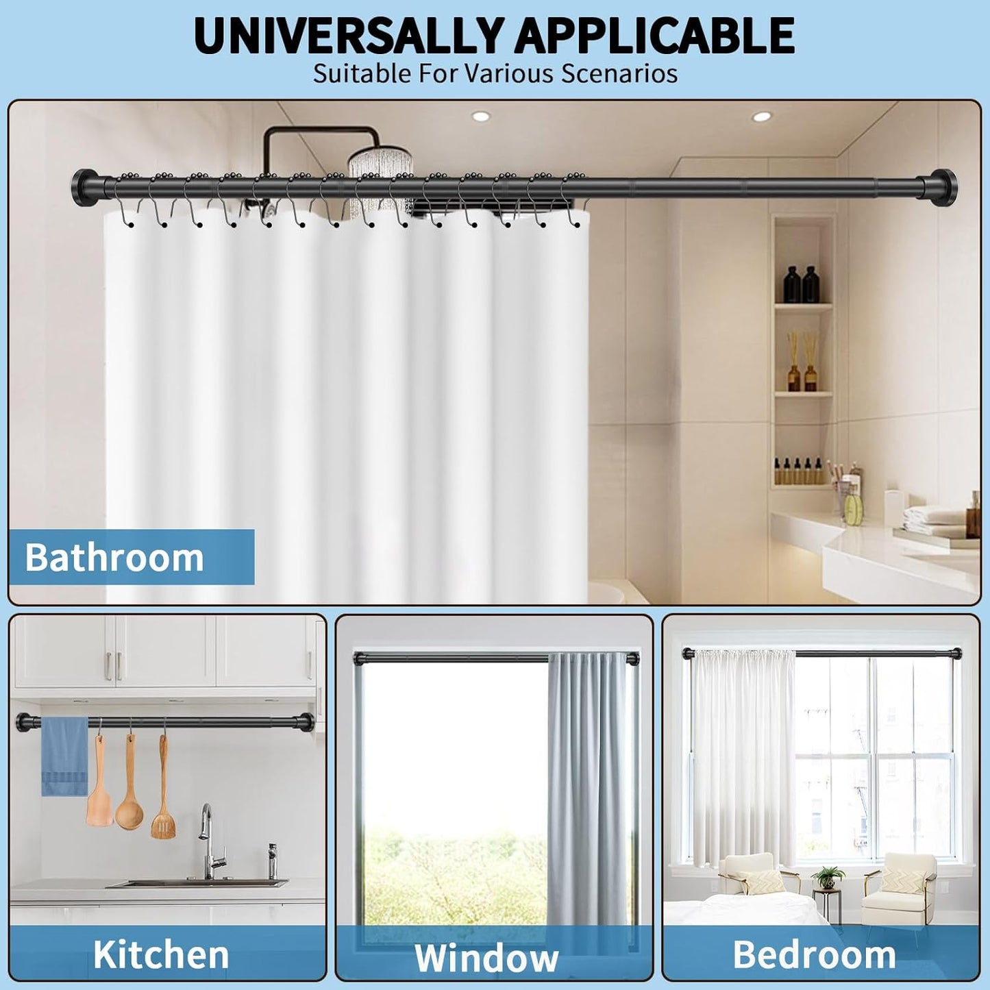 Black Shower Curtain Rod 36-84 Inches (3-7Ft) Non Rust Adjustable Shower Rod Spring Tension Non Slip No Drilling Stainless Steel Shower Rods for Bathroom Window