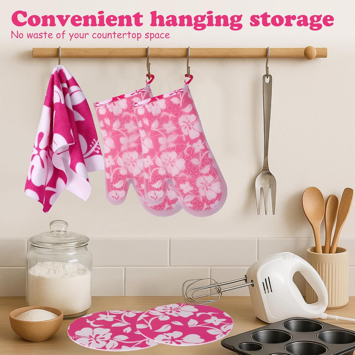 6PCS Pink Oven Mitts and Pot Holders Towels Set,Heat Resistant with Non-Slip Silicone Surface Baking Gloves,Applies to Grilling and Cooking Cute Kitchen Accessories and House Decor