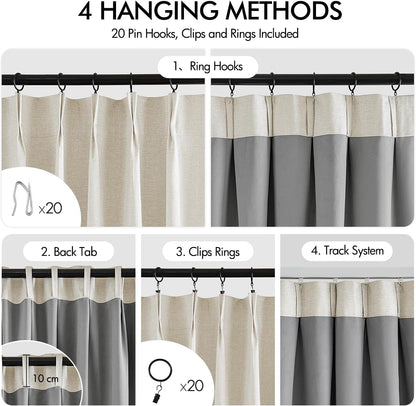 Linen Pinch Pleated 100% Blackout Curtains - 92 Inch Long, Set of 2 Panels, Back Tab Track Cream Darkening Drapes with Hooks for Bedroom and Living Room
