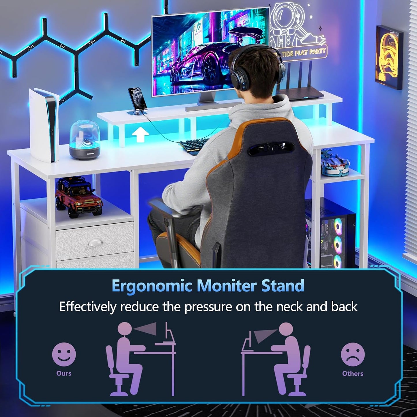 61" Computer Desk with Power Outlet and LED Lights, Reversible Gaming Desk with File Cabinet & Monitor Stand for Home Office, Large Work Table with Storage Shelves & Drawer, White