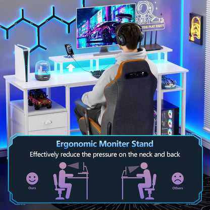 61" Computer Desk with Power Outlet and LED Lights, Reversible Gaming Desk with File Cabinet & Monitor Stand for Home Office, Large Work Table with Storage Shelves & Drawer, White