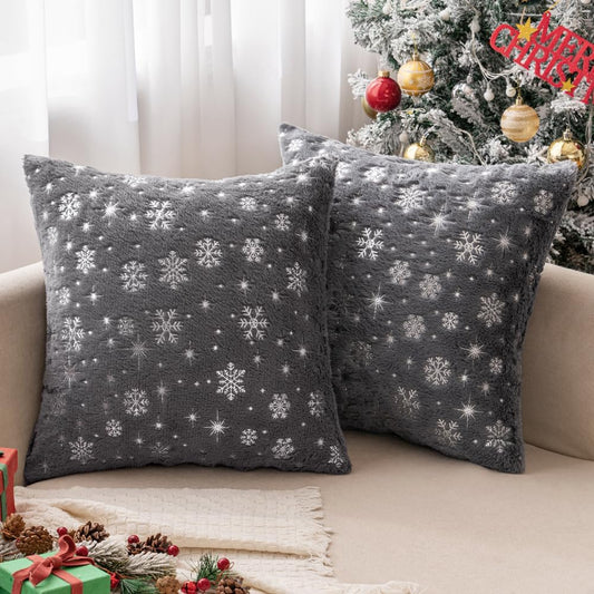 Set of 2 Christmas Decorative Throw Pillow Covers Soft Faux Fur Winter Pillow Covers with Silver Snowflake Glitter Holiday Festival Pillowcases for Couch Sofa Bed, 18×18Inch, Grey