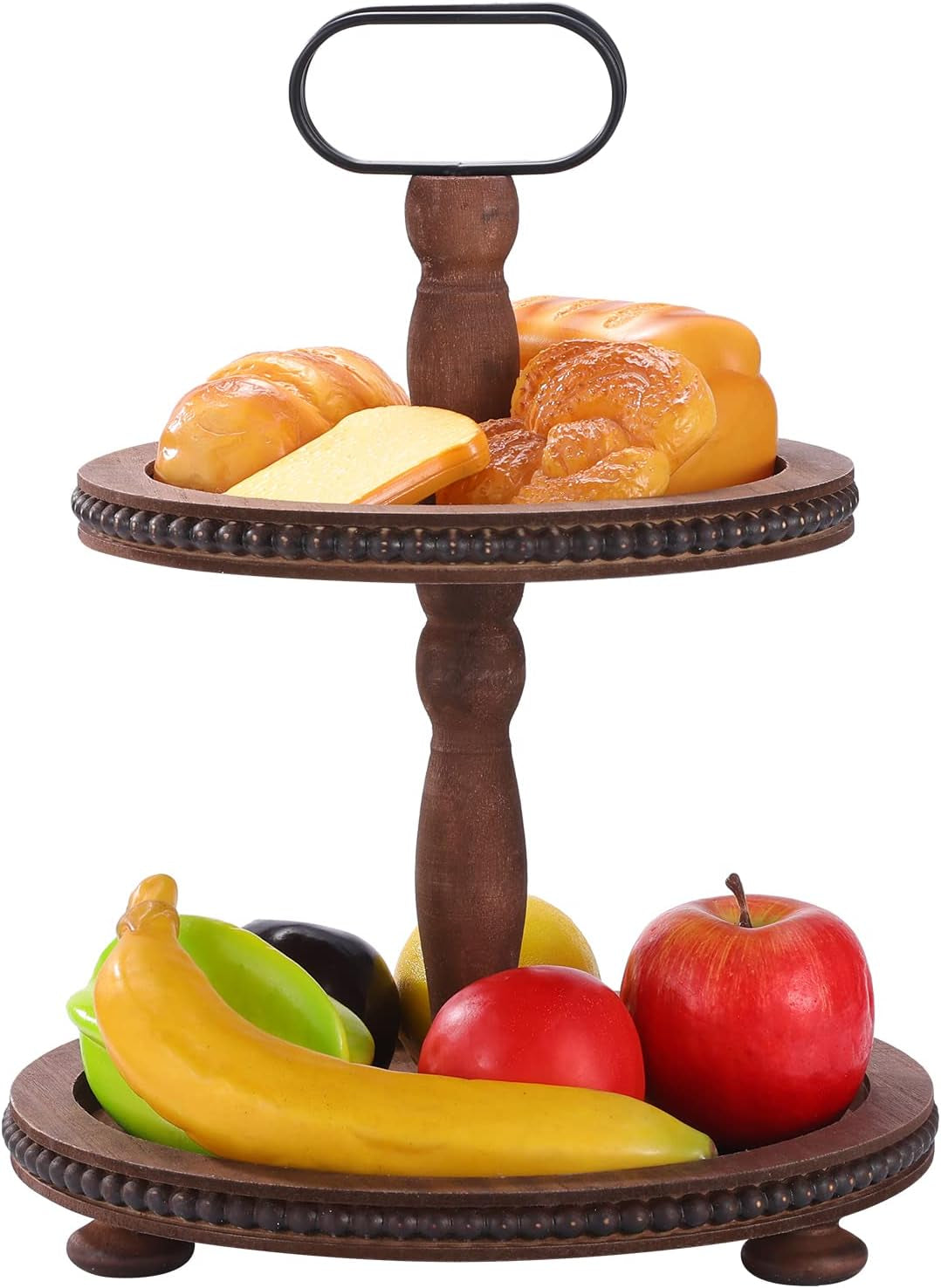 Wooden Decorative Tray Two Tiered Tray Decorations round Serving Tray with Metal Handle, Wooden Cupcake Stand for Party Tiered Dessert Stand - Dark Brown Farmhouse Wood Tray
