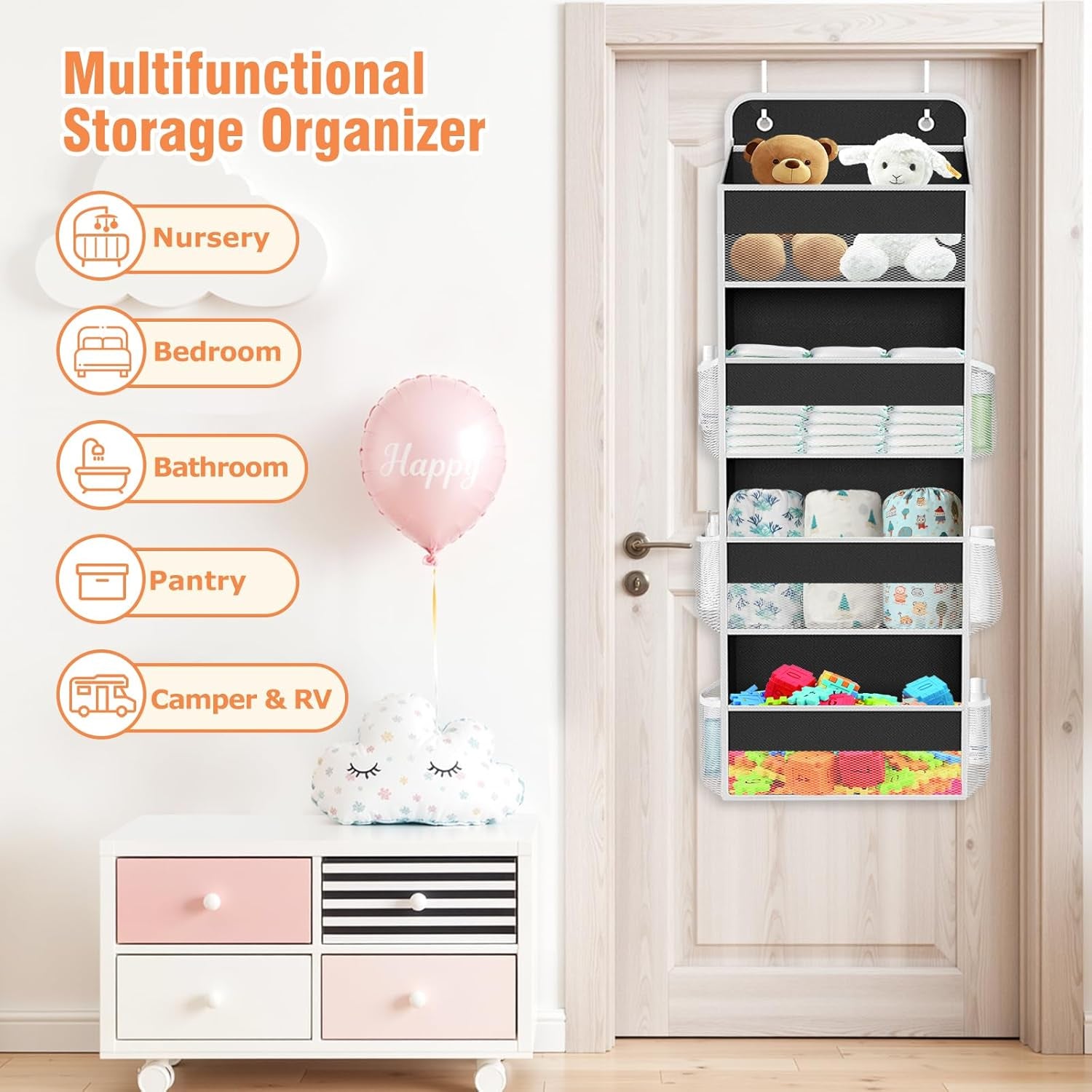 over the Door Organizer Storage 4 Shelves Large Capacity Hanging Bedroom Storage Solution with 6 Side Pockets for Dorm Bathroom Pantry Nursery and Baby Essentials Holds up to 40 Lbs (Black)
