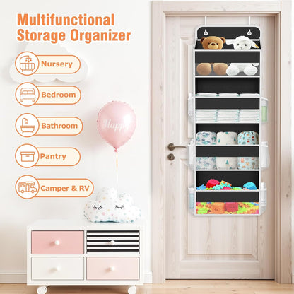 over the Door Organizer Storage 4 Shelves Large Capacity Hanging Bedroom Storage Solution with 6 Side Pockets for Dorm Bathroom Pantry Nursery and Baby Essentials Holds up to 40 Lbs (Black)