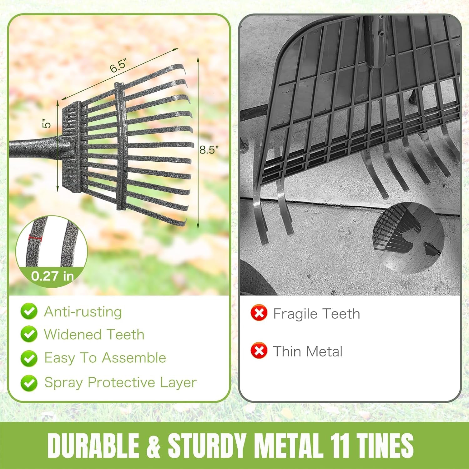 Small Leaf Rake, 8.5 Inch Wide Head with 11 Tines, Metal Garden Rake with Adjustable Handle 38.5 to 65 Inch for Gardening, Leaves, Weeds, Debris