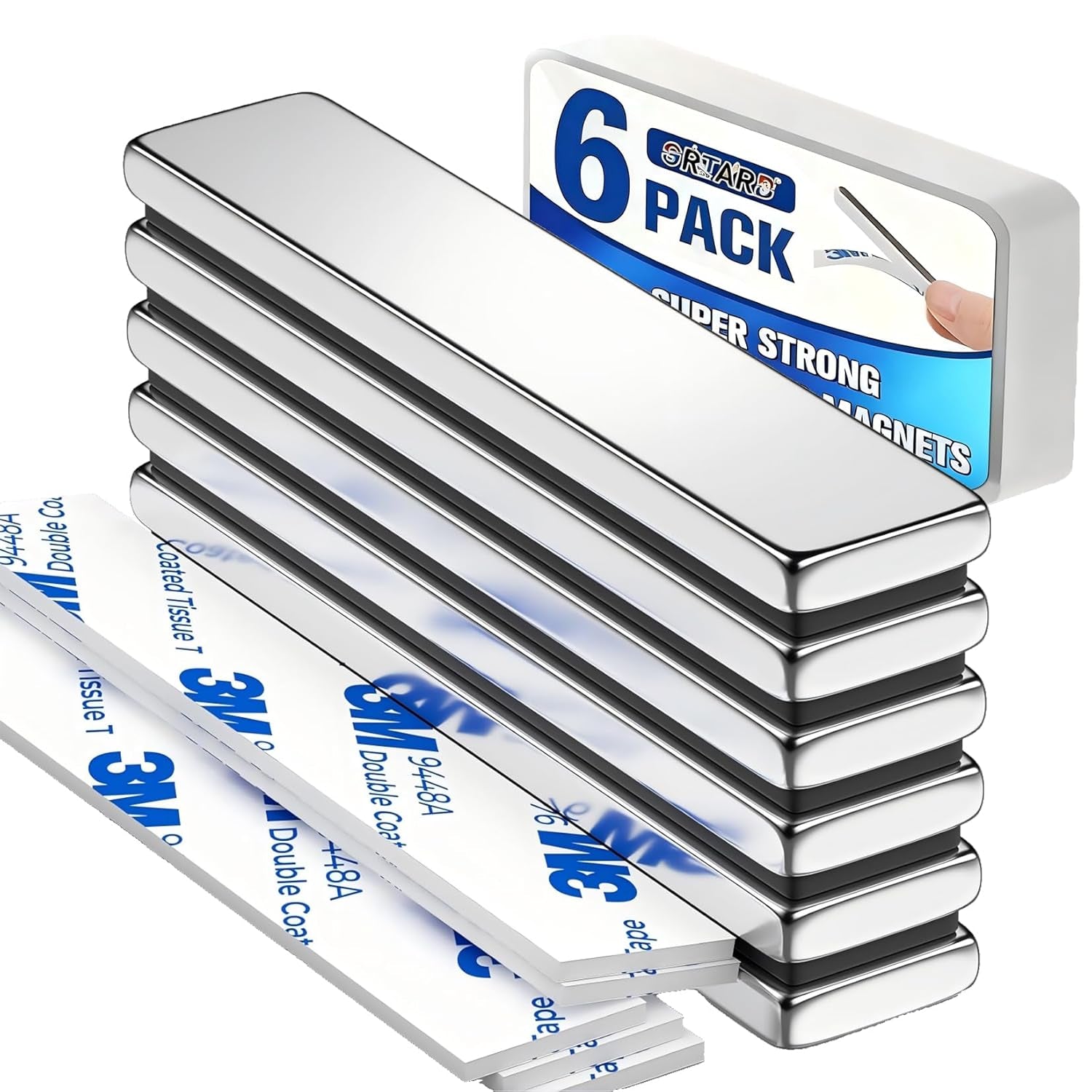 6 Pack Super Strong Neodymium Magnets, Powerful Rare Earth Neodymium Bar Magnets, Heavy Duty Magnet Bar with Double-Sided Adhesive for Garage, Kitchen, Science, Craft, Office, DIY - 60X10X3Mm