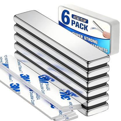 6 Pack Super Strong Neodymium Magnets, Powerful Rare Earth Neodymium Bar Magnets, Heavy Duty Magnet Bar with Double-Sided Adhesive for Garage, Kitchen, Science, Craft, Office, DIY - 60X10X3Mm