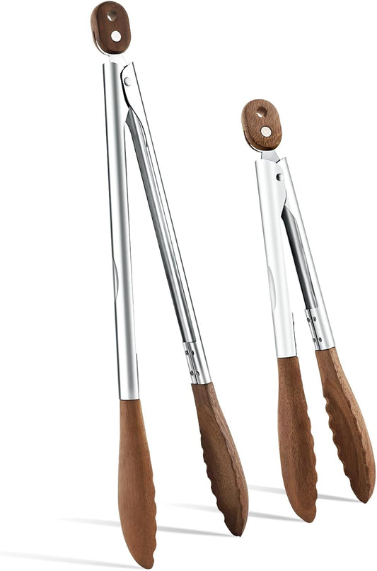 10 & 13 Inch Wooden Tongs for Cooking, Kitchen Stainless Steel Salad Tongs with Walnut Wood Tip, Serving Food Toaster Bread Non Toxic Grill Tong, Smooth Locking & Hanging Cooking Utensils Set