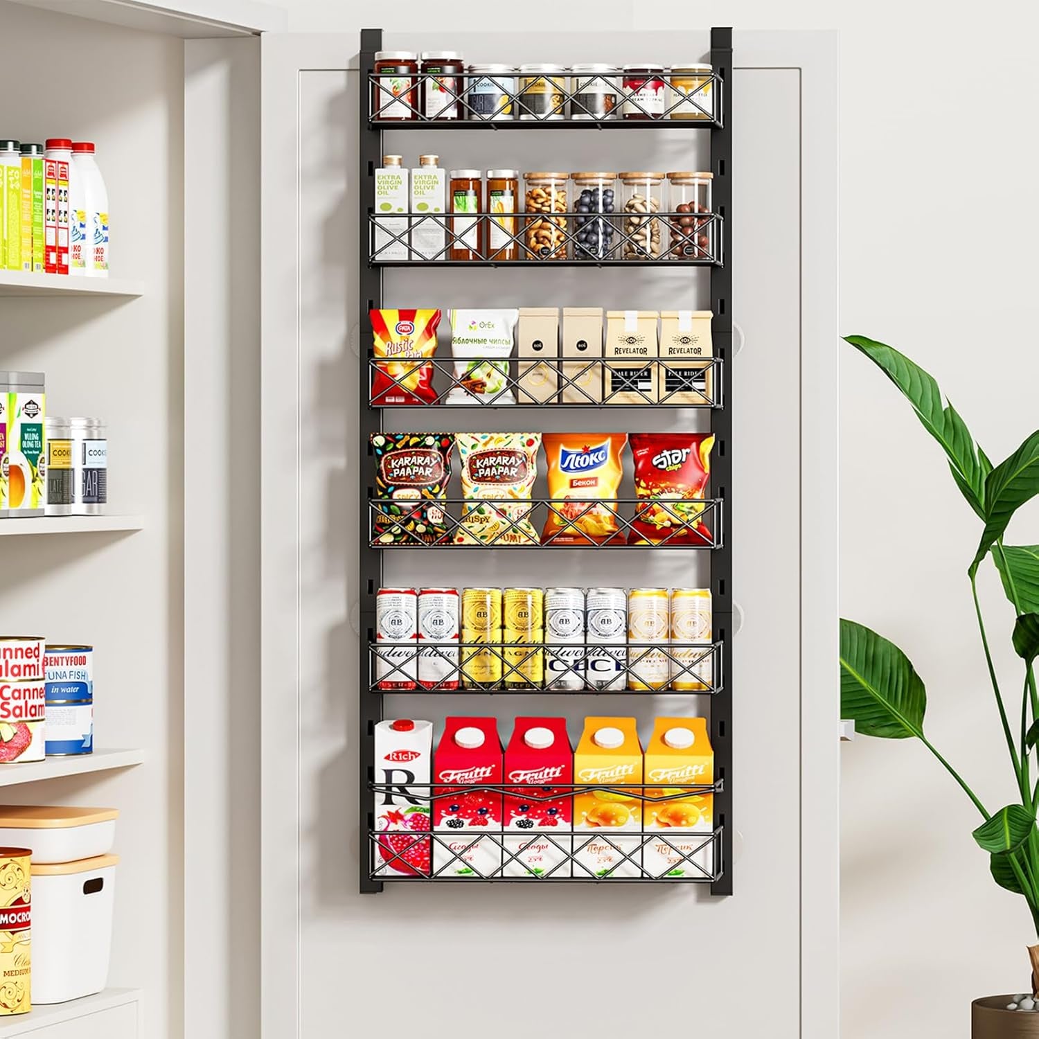 over the Door Organizer, Black 6-Tier Pantry Door Organizer with Adjustable Basket, Hanging Spice Rack Cabinet Door Shelves, Laundry Room Organization and Storage