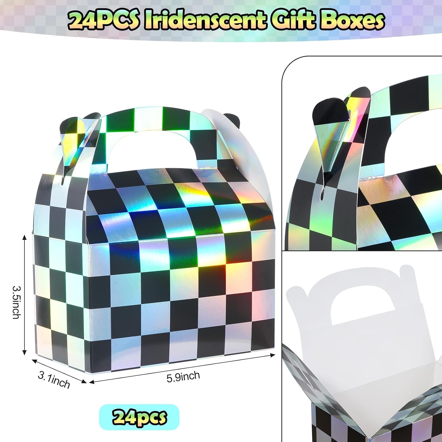 24 Pcs Iridescent Checkered Race Car Party Favor Gable Boxes, Paper Black and Iridescent Car Goodie Treat Boxes, Racecar Laser Plaid Gift Box for Kids Fast Race Cars Birthday Party Decorations