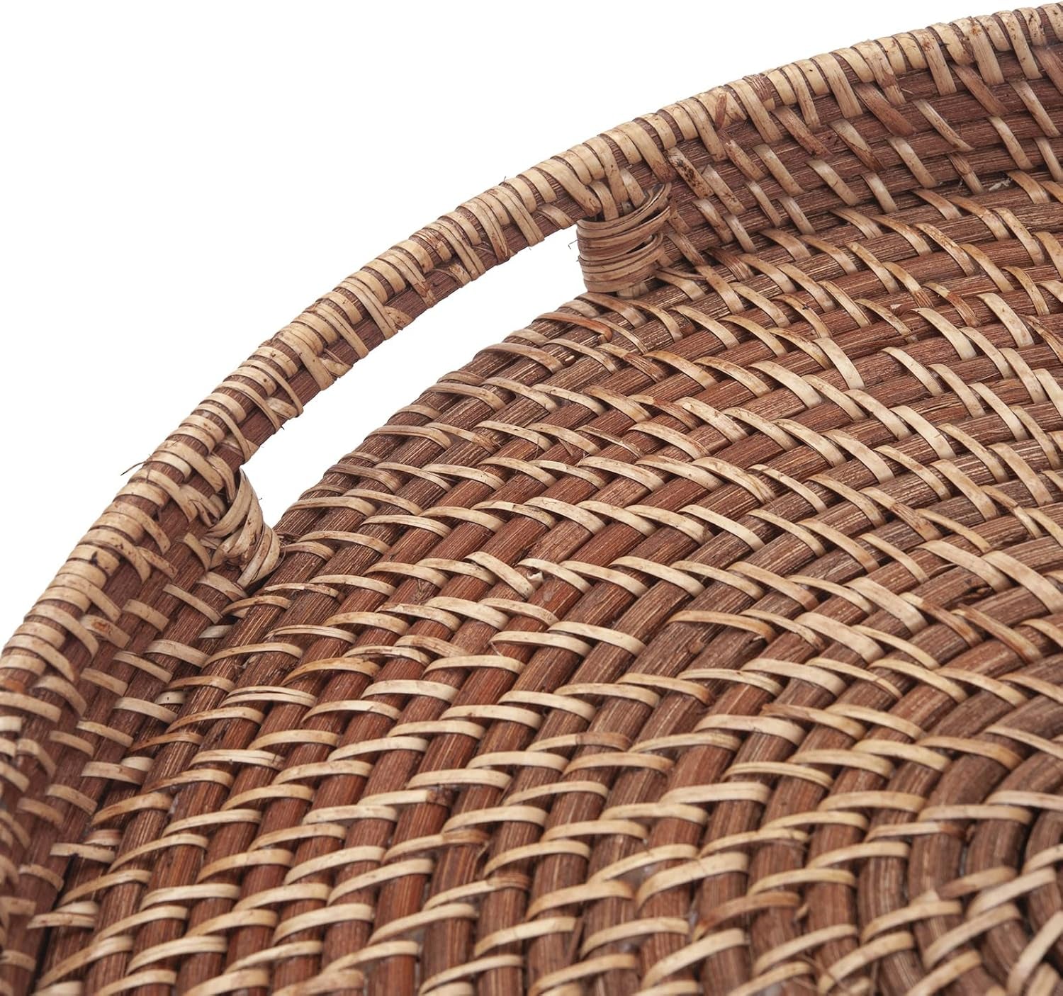 Round Rattan Woven Serving Tray with Handles Ottoman Tray for Breakfast, Drinks, Snacks for Coffee Table, Home Decorative (Honey Brown, 13.8"X2")