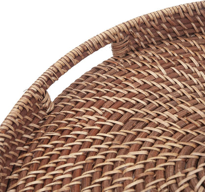 Round Rattan Woven Serving Tray with Handles Ottoman Tray for Breakfast, Drinks, Snacks for Coffee Table, Home Decorative (Honey Brown, 13.8"X2")