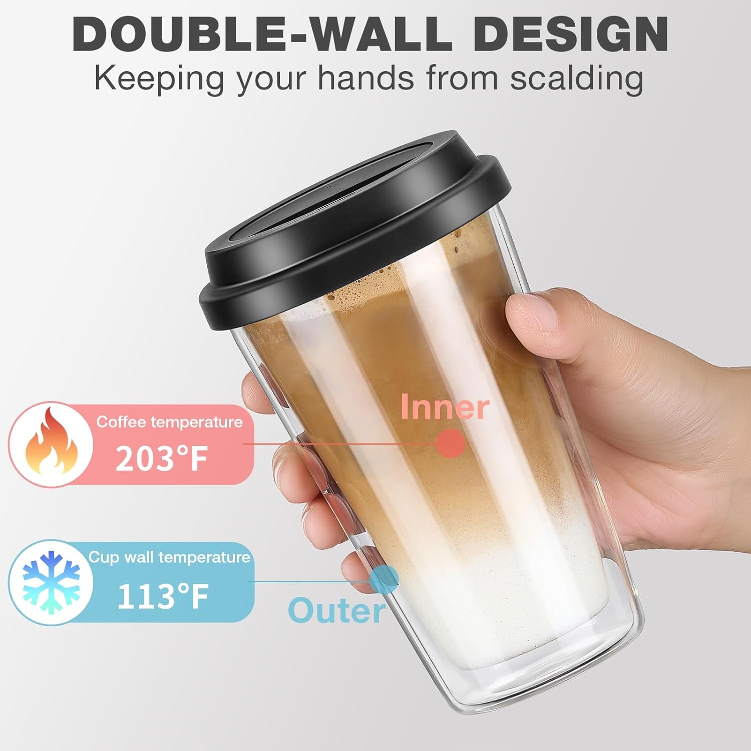 2 Packs Double Walled Glass Coffee Mugs with Silicone Lids, 12 OZ Reusable Glass Coffee Cups, Insulated Coffee Mugs, Cappuccino,Tea,Latte,Iced Coffee Cups, Glass Travel Mug, Heat Resistant