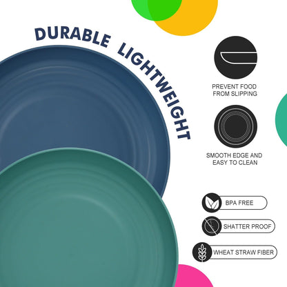 Set of 8 Deep Wheat Straw Dinner Plates - Unbreakable, Microwave and Dishwasher Safe, 9 Inch, Available in 4 Classic Bright Colors