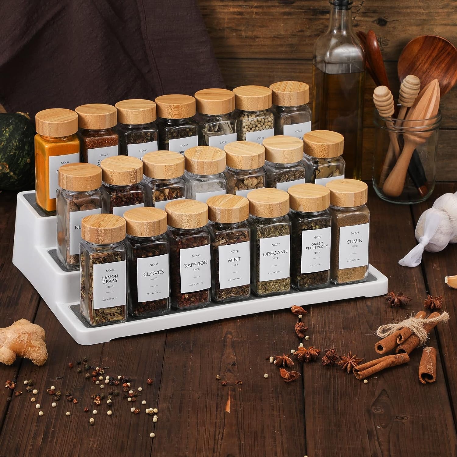 24 Pcs Glass Spice Jars with Bamboo Lids, 4 Oz Glass Jars with Minimalist Farmhouse Spice Labels Stickers, Collapsible Funnel, Seasoning Storage Bottles for Spice Rack, Cabinet, Drawer