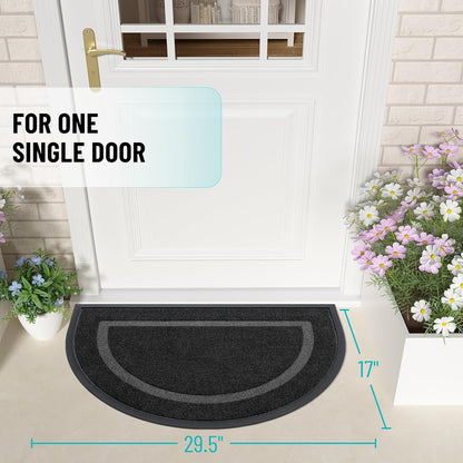 Half Circle Door Mat Indoor Outdoor Entrance Welcome, Waterproof All-Season, All-Weather Doormat, Sturdy Natural Rubber, Low Profile, Easy Clean Patio Porch Entryway Mat, 29.5X17, Black