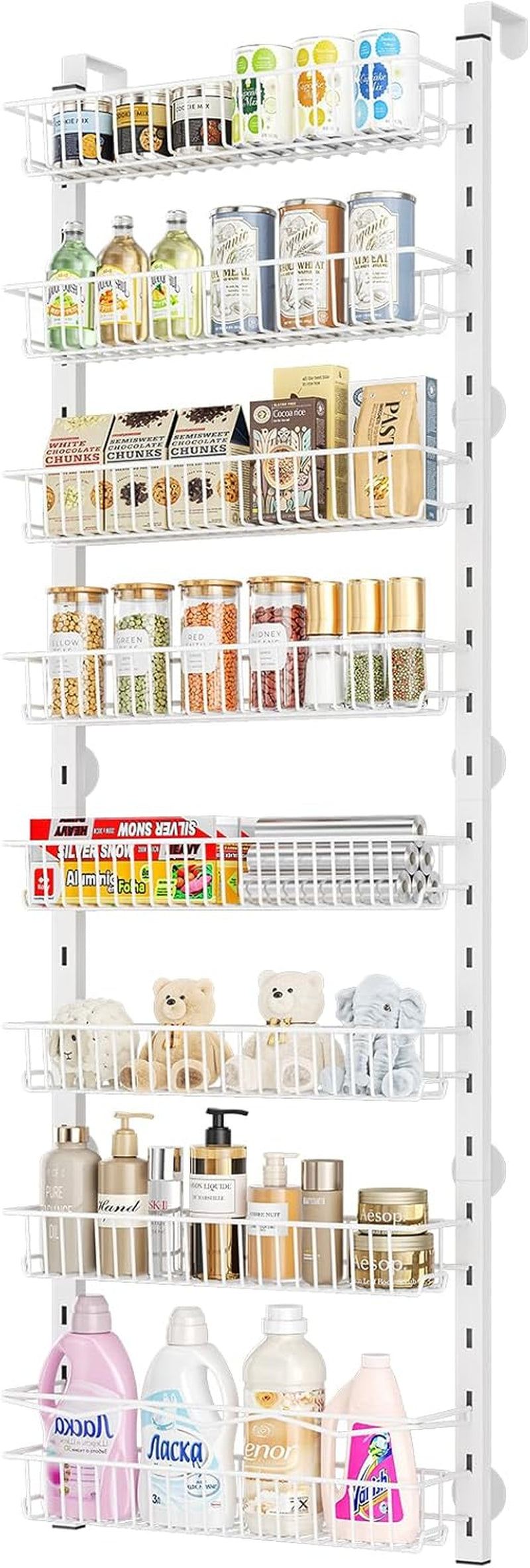 over the Door Pantry Organizer, 8-Tier Adjustable Spice Rack Cabinet Door Shelves, Hanging Seasoning Organizer for Kitchen Bathroom, Laundry Room Organization, White
