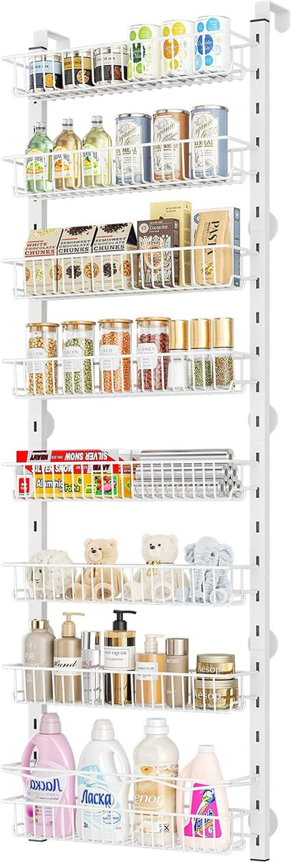 over the Door Pantry Organizer, 8-Tier Adjustable Spice Rack Cabinet Door Shelves, Hanging Seasoning Organizer for Kitchen Bathroom, Laundry Room Organization, White