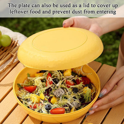 Compact Camping Mess Kit with Bowl, Plate, Cup, Spoon, Fork, Knife, and Carry Bag - Space-Saving, Portable Plastic Utensils for Travel, Picnics, and Outdoor Activities (Gold Yellow)