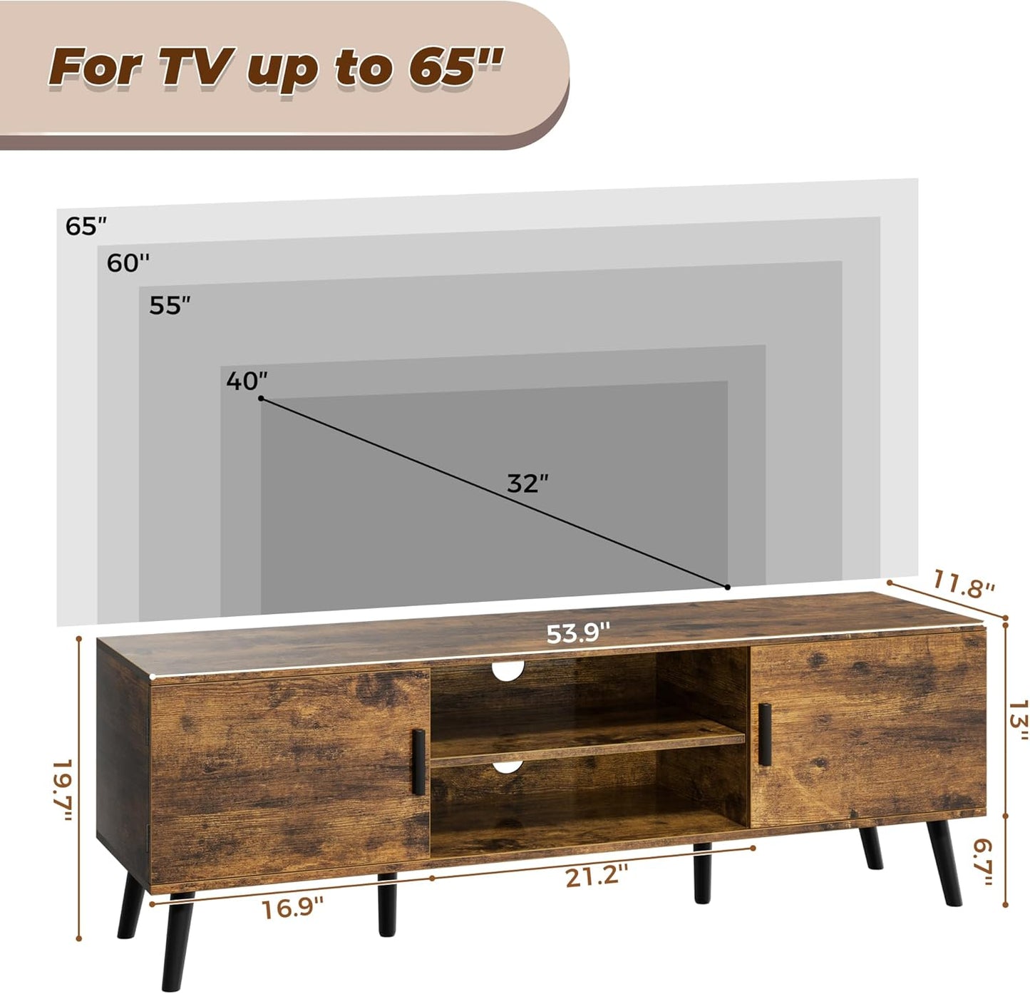 55-Inch TV Stand and Entertainment Center with Adjustable Shelves, Dual Cabinets, Solid Wood Feet, and Cord Management for Living Room and Bedroom in Rustic Brown Finish