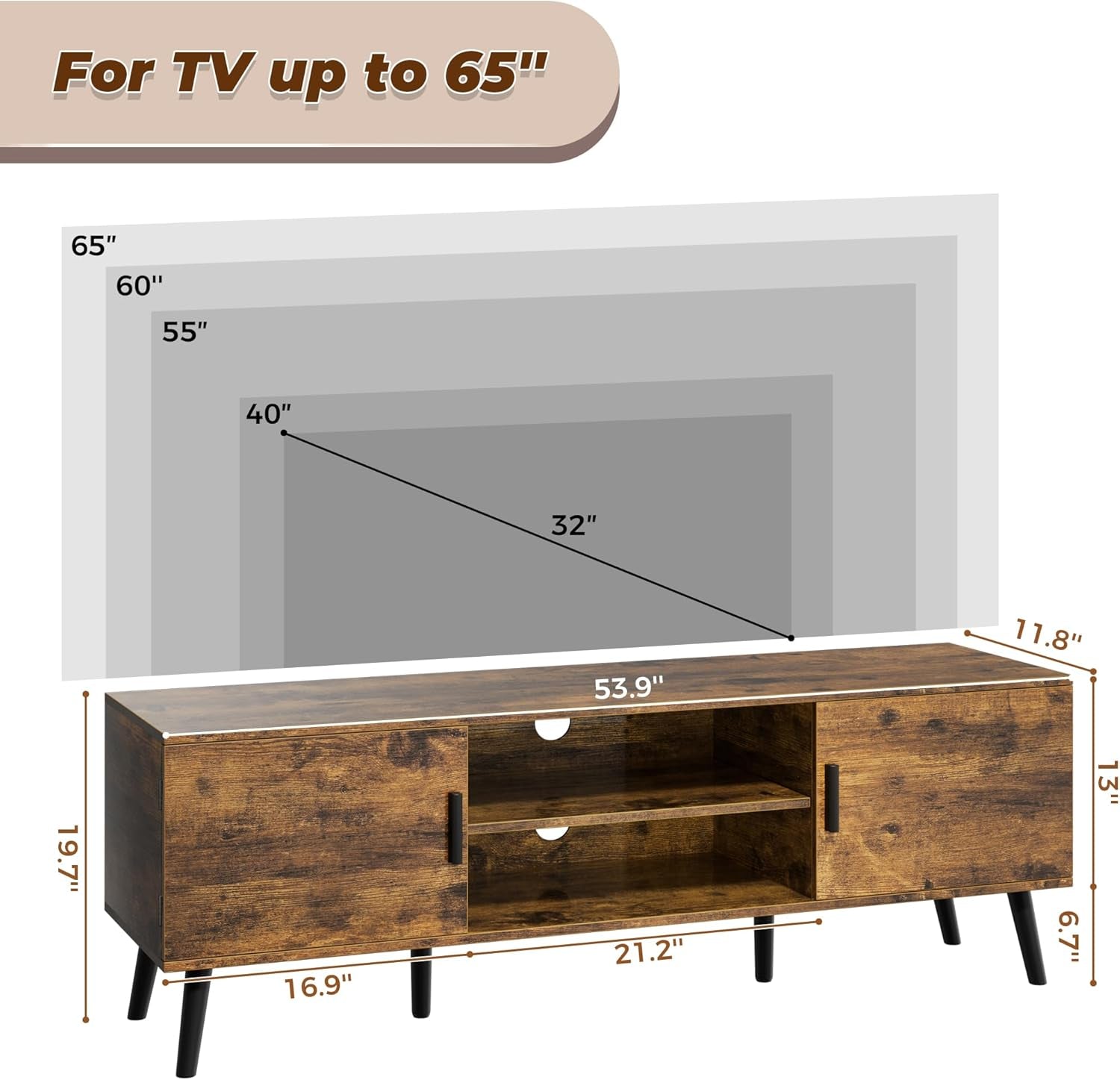 55-Inch TV Stand and Entertainment Center with Adjustable Shelves, Dual Cabinets, Solid Wood Feet, and Cord Management for Living Room and Bedroom in Rustic Brown Finish