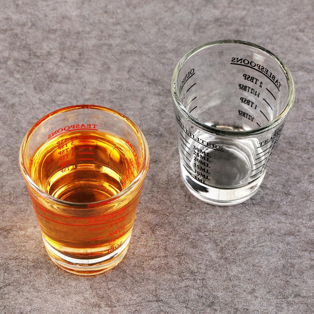 Set of 2 Shot Glasses - Heavy Glass, Perfect for Measuring Espresso, Wine, and More 26-Incremental Measurement 1Oz, 6 Tsp, 2 Tbs, 30Ml (2, Red+Black)