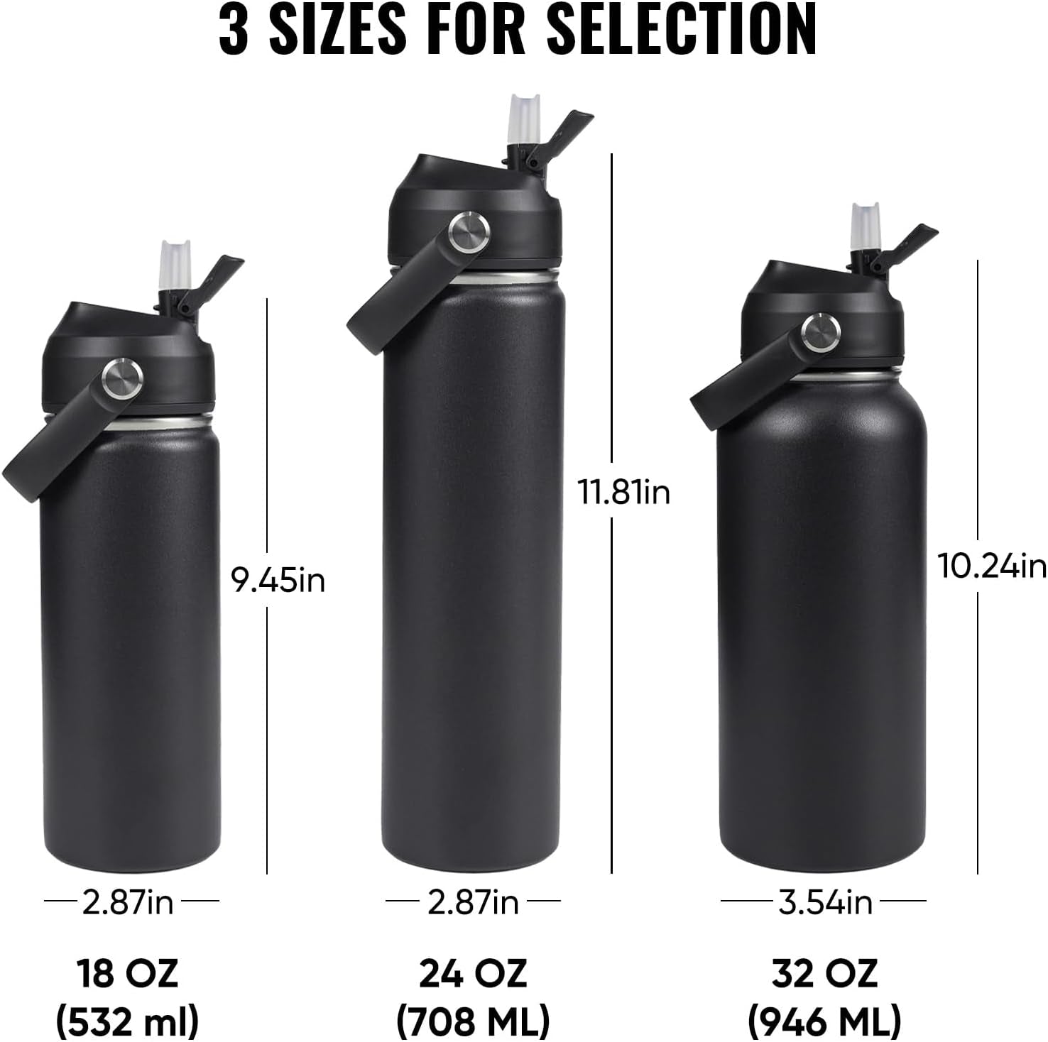18Oz Insulated Stainless Steel Water Bottle, Wide Mouth Double Wall Vacuum, Silicone Straw, Sweat & Leak Proof, BPA Free Insulated Water Flask for Travel, Keep Cold 24H Hot 12H, Black
