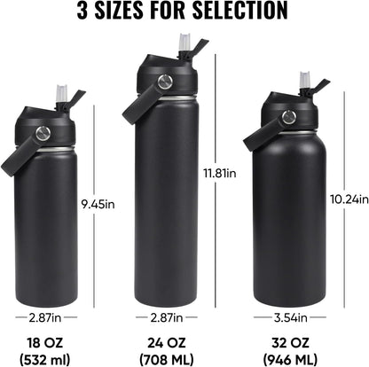 18Oz Insulated Stainless Steel Water Bottle, Wide Mouth Double Wall Vacuum, Silicone Straw, Sweat & Leak Proof, BPA Free Insulated Water Flask for Travel, Keep Cold 24H Hot 12H, Black