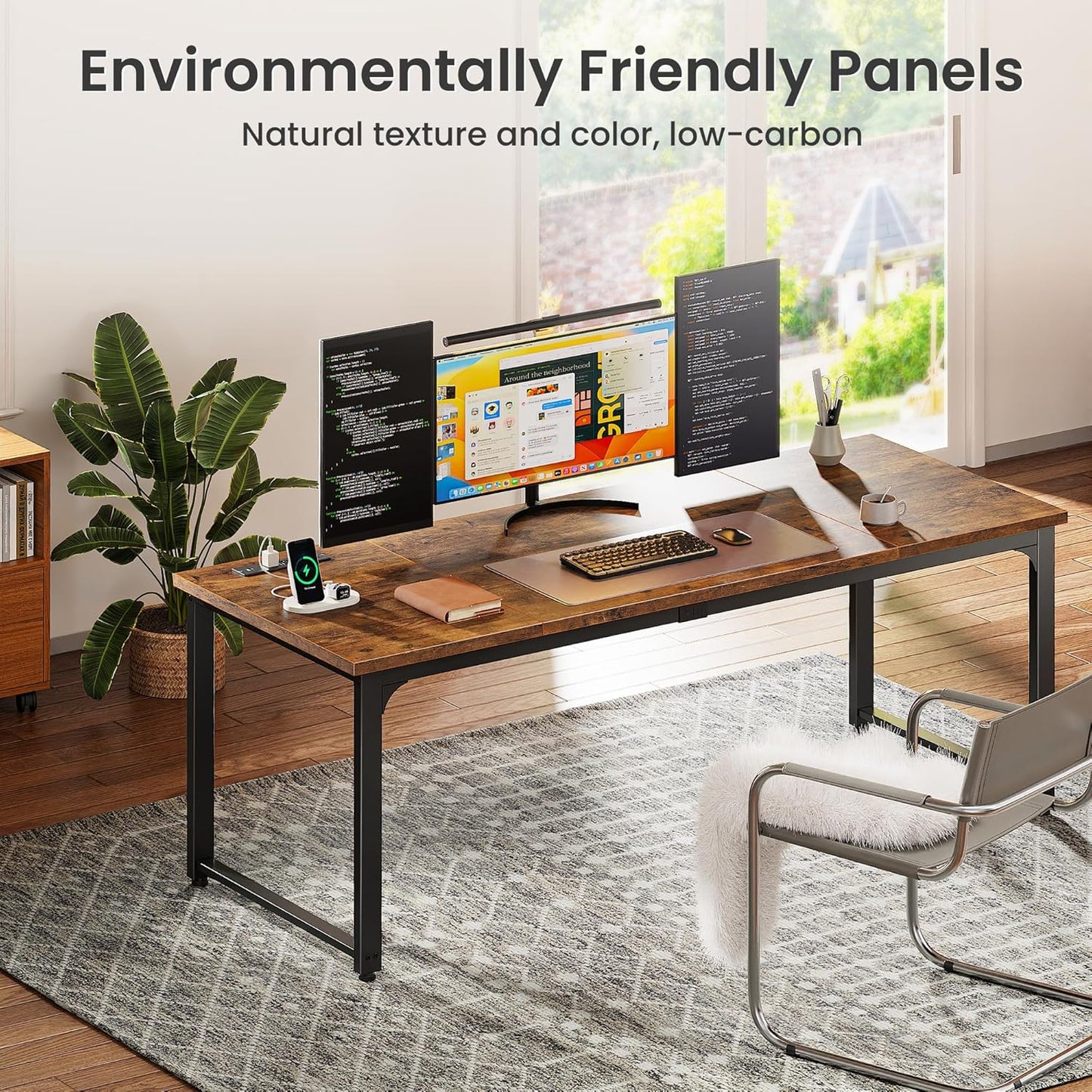 63 x 24 Inch Heavy-Duty Computer Desk with Power Outlets & USB-C, Enhanced Desktop Thickness, Sturdy Metal Frame, Ideal for Home Office and Gaming, Rustic Brown Finish