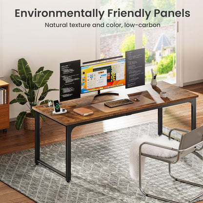 63 x 24 Inch Heavy-Duty Computer Desk with Power Outlets & USB-C, Enhanced Desktop Thickness, Sturdy Metal Frame, Ideal for Home Office and Gaming, Rustic Brown Finish