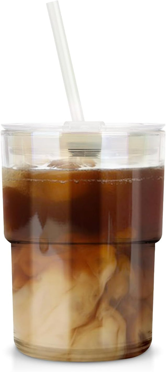 13Oz Tumbler Water Glass Cups with Straw and Lid, 1 Pack Reusable Glass Coffee Tumbler for Iced Tea, Coffee, Sealed Carry-On Travel Cups for Office, Party,Home and Outdoor (Iridescent Shimmer)