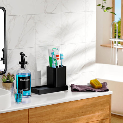 Bathroom Glass Mouthwash Dispenser with Cup,Black Toothbrush Holder Set Stainless Steel with 11.8OZ Clear Nozzle Mouth Wash Dispenser Diatomite Tray，Decor Accessories