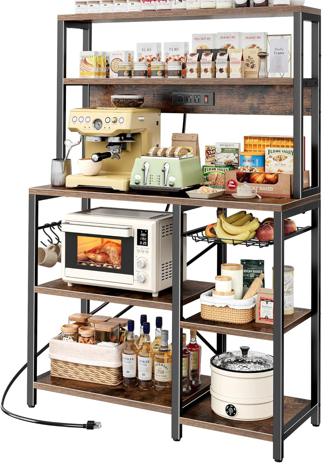 Rustic Brown Bakers Rack with Power Outlet, 35.4-Inch Coffee Bar, Microwave Stand with Wire Basket and 6 S-Shaped Hooks, Open Storage Shelves