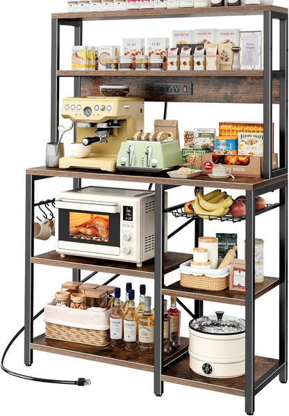 Rustic Brown Bakers Rack with Power Outlet, 35.4-Inch Coffee Bar, Microwave Stand with Wire Basket and 6 S-Shaped Hooks, Open Storage Shelves