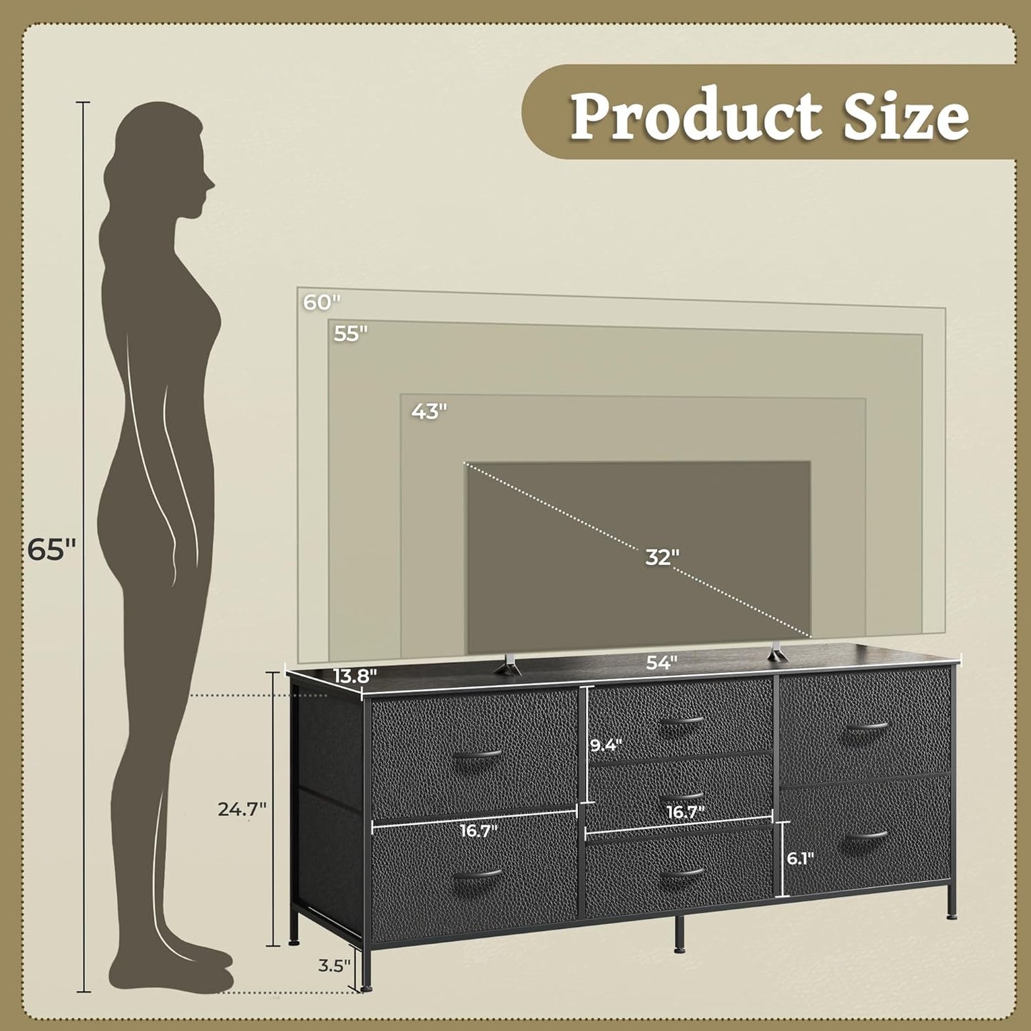 Bedroom Dresser and TV Stand Combo, 55-Inch Unit for 43-60 Inch TVs, Long Fabric Storage Solution with 7 Drawers, Black