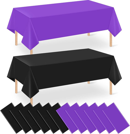 12Pack 54 X 108 Inch Halloween Tablecloths Bulk Plastic Black Purple Table Cloths Disposable Rectangle Table Covers for Halloween Witch Vampire Party Fall Autumn Harvest Party Decoration