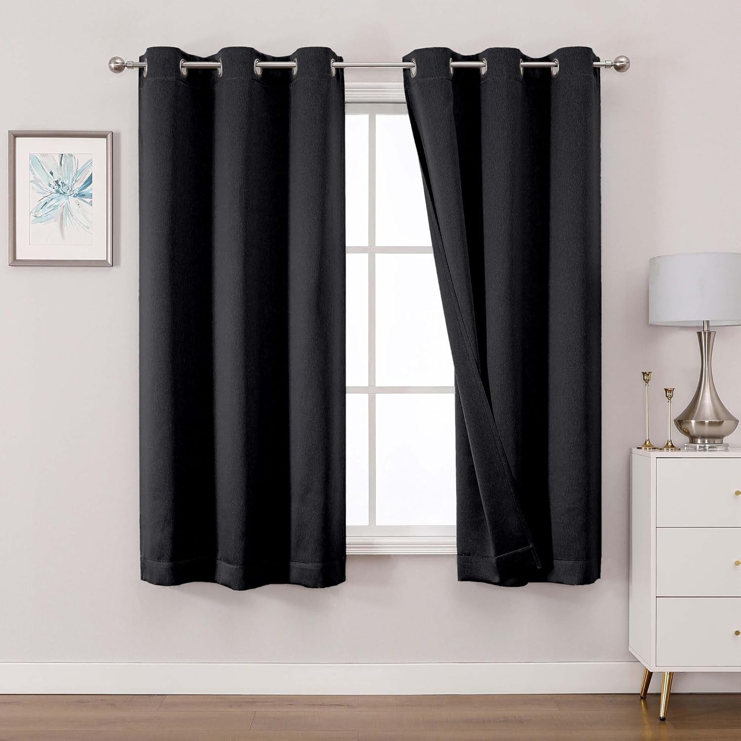 Total Black Blackout Curtains 63 Inch Length 2 Panels for Bedroom Living Room, Solid Thermal Insulated Soundproof Energy Saving Grommet Widow Treatment Curtain Blackout Drapes, 40"Wx63"L, Black
