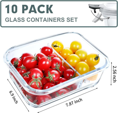 10-Pack 30 OZ Glass Meal Prep Containers with 2 Compartments, Airtight Lids, Microwave, Oven, Freezer, and Dishwasher Safe, Grey