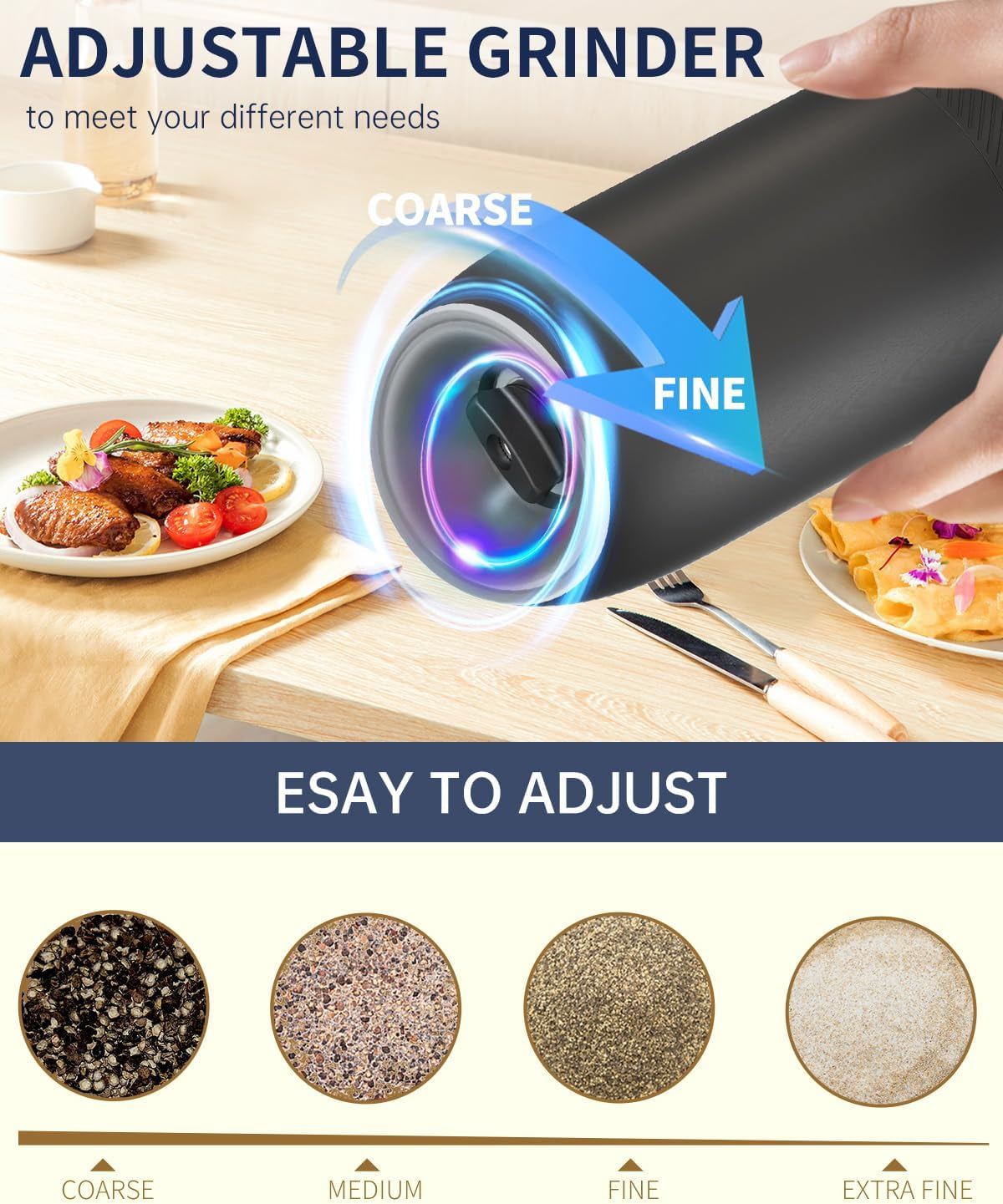 Gravity Electric Salt and Pepper Grinder Set Battery Powered Automatic Pepper Mill Grinders with 176Ml Container, Adjustable Coarseness, Bright LED Light and One Hand Operation, Black