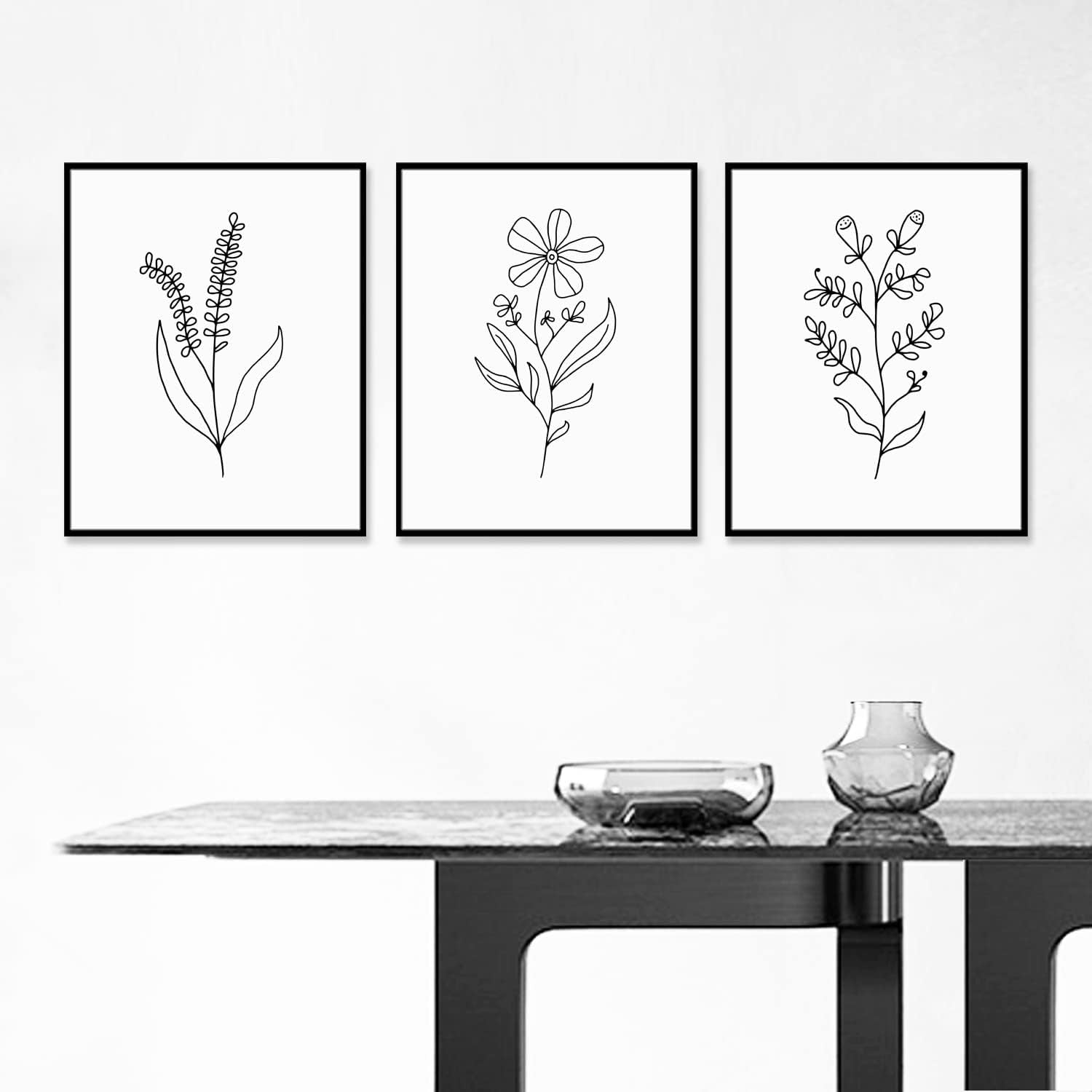 Minimal Line Botanical Prints, Flower Line Art Prints, Set of 3, Gallery Wall Art, Botanical Prints, Wild Flowers Art, Floral Line Art, Minimal Floral Decor, 11X14Inch Unframed